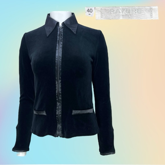 VTG 90's Black Velveteen RAYURE Paris Zip Up Jacket/ Top w/ Flared Cuffs Sz 40 - Picture 1 of 10